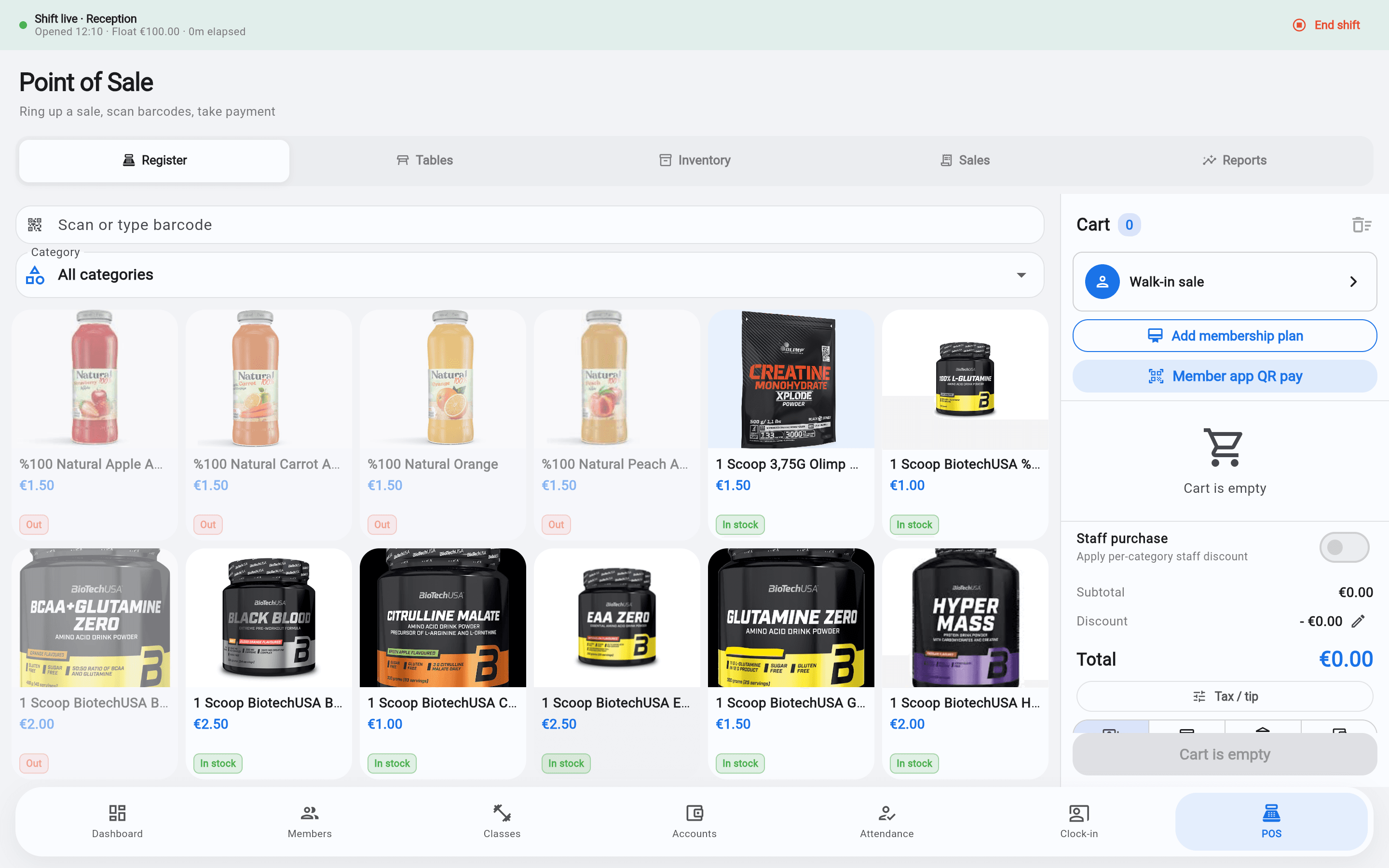 Prism admin POS register, light theme