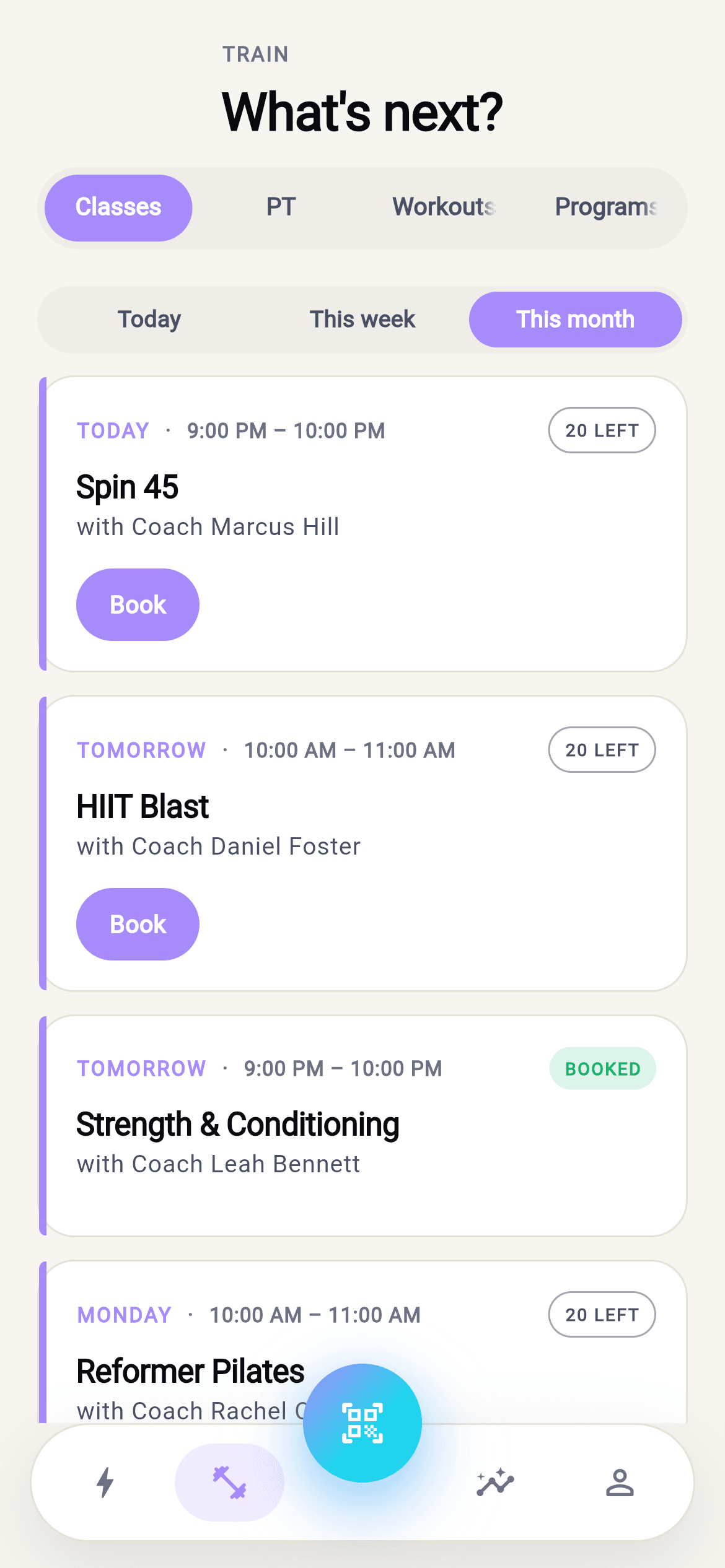 Prism member app, class booking, light theme
