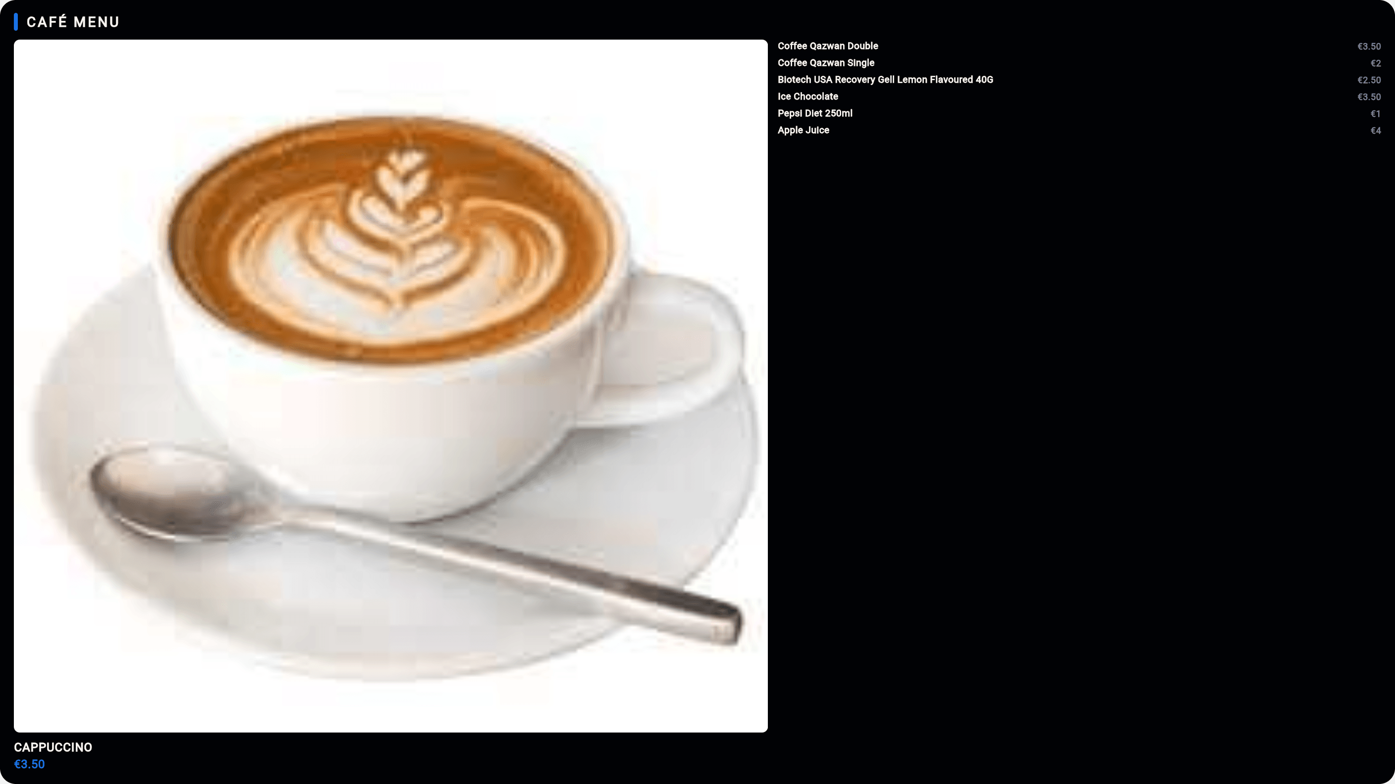 Prism digital signage café menu board, live from POS